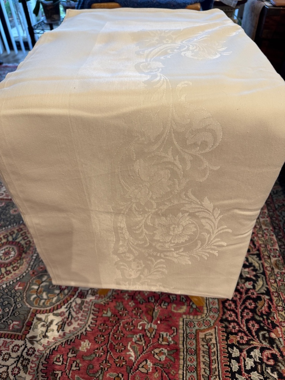 Elegant Cream Damask Tablecloth 138 by 60 with Floral Scroll Design